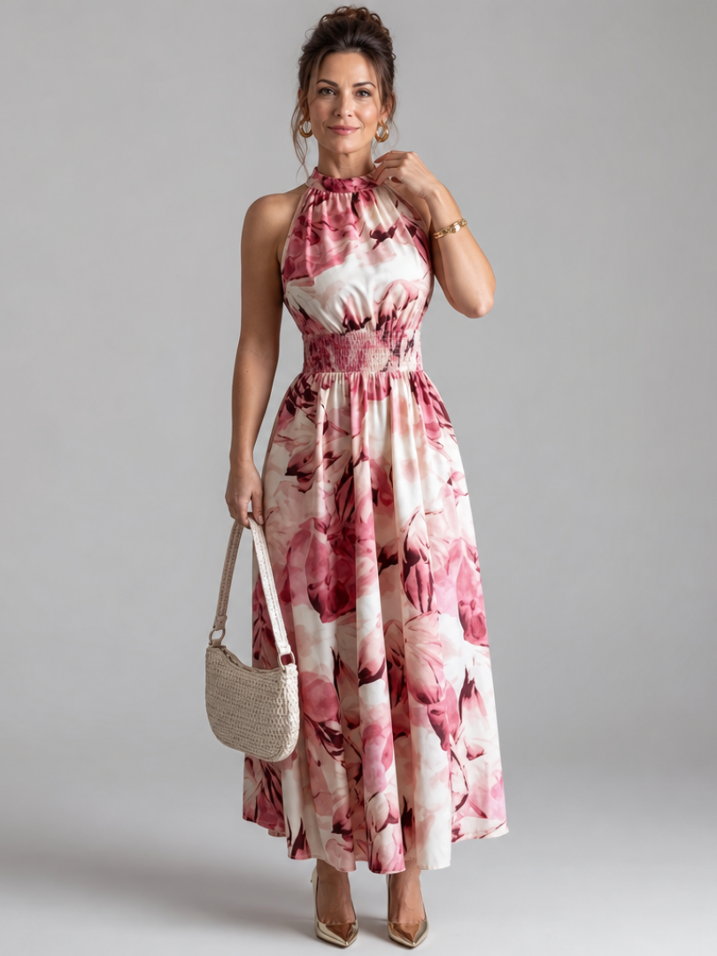 Olivia | Midi-Kleid mit geraffter Taille und abstraktem Druck