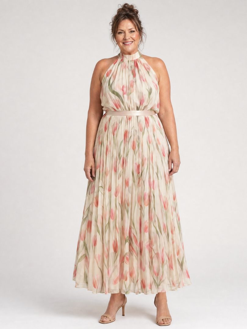 Aurelle | Blumenmuster Midi Kleid mit Haltern