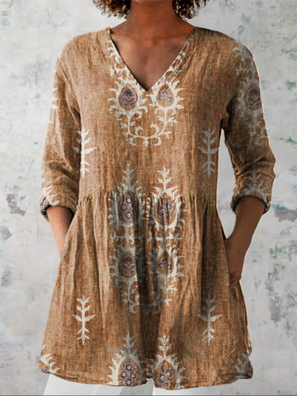 Élise | Lange Leinenbluse mit bohemian floralem Blockdruck