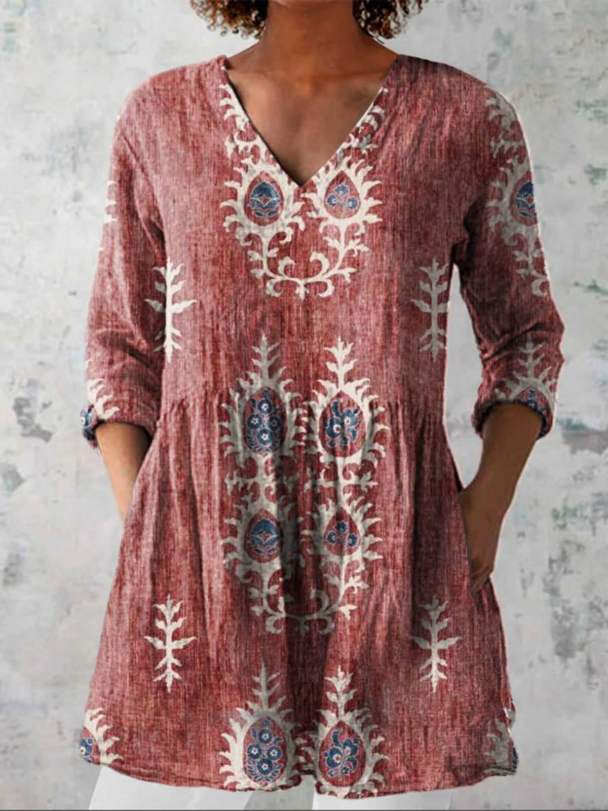 Élise | Lange Leinenbluse mit bohemian floralem Blockdruck