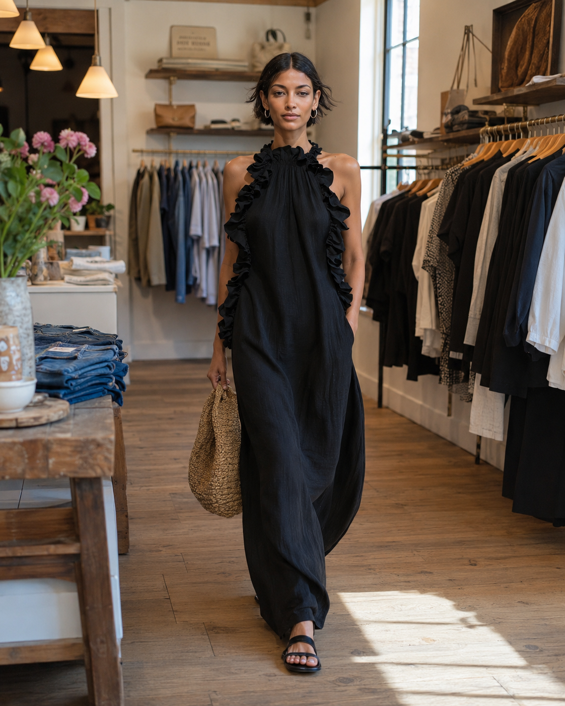 Helene | Ärmelloses Leinen-Maxikleid mit Rüschen