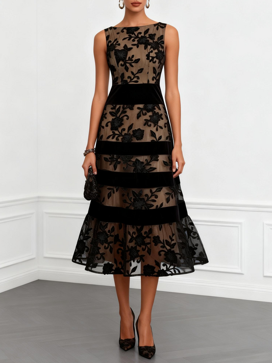 Schwarzes Mesh Floral Ärmelloses A-Linien Midi Kleid