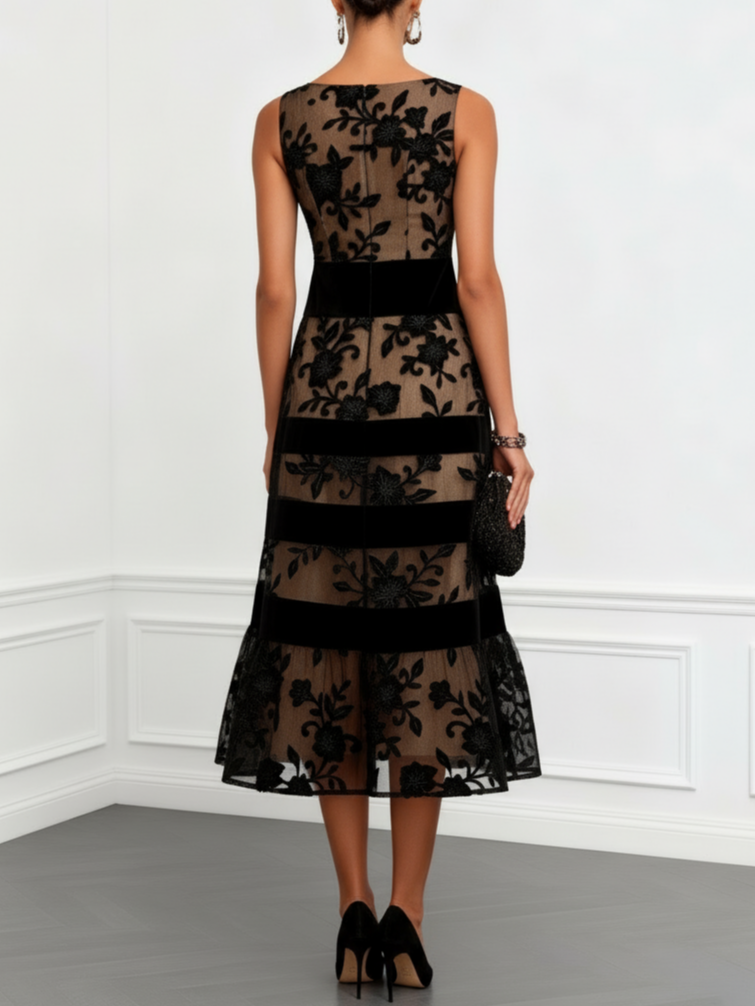 Schwarzes Mesh Floral Ärmelloses A-Linien Midi Kleid