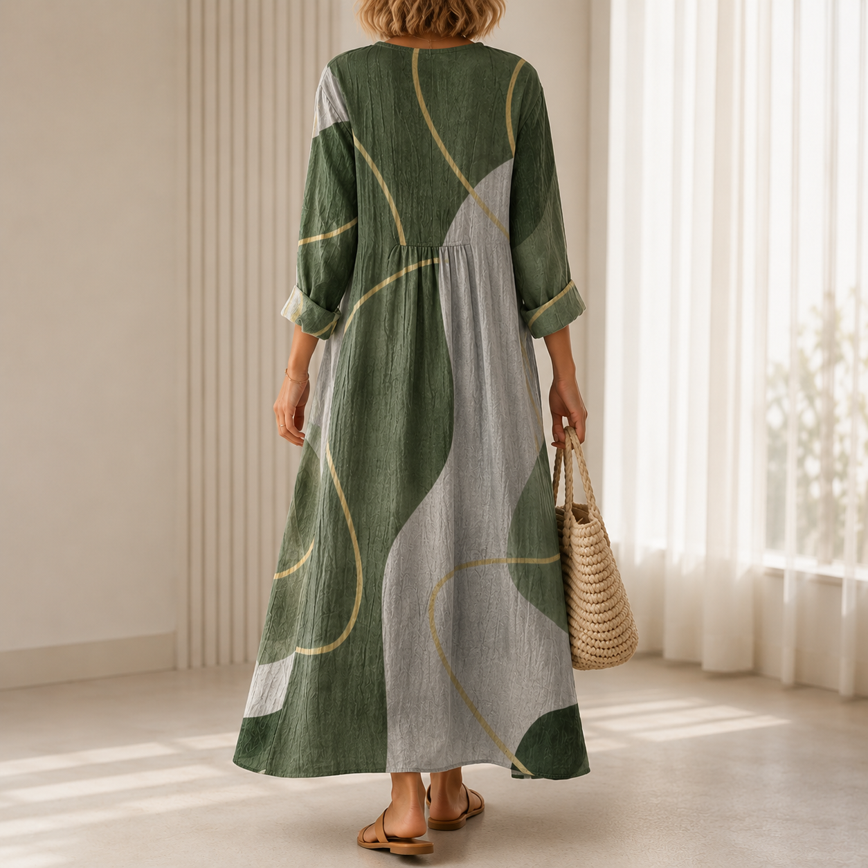 Edeltraud™ | Elegantes Boho-Kleid mit abstraktem Muster in Olivgrün