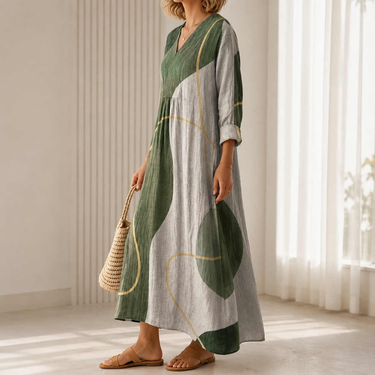 Edeltraud™ | Elegantes Boho-Kleid mit abstraktem Muster in Olivgrün