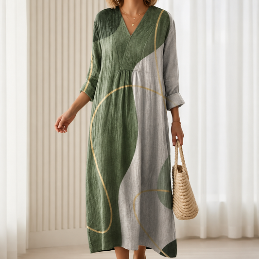 Edeltraud™ | Elegantes Boho-Kleid mit abstraktem Muster in Olivgrün