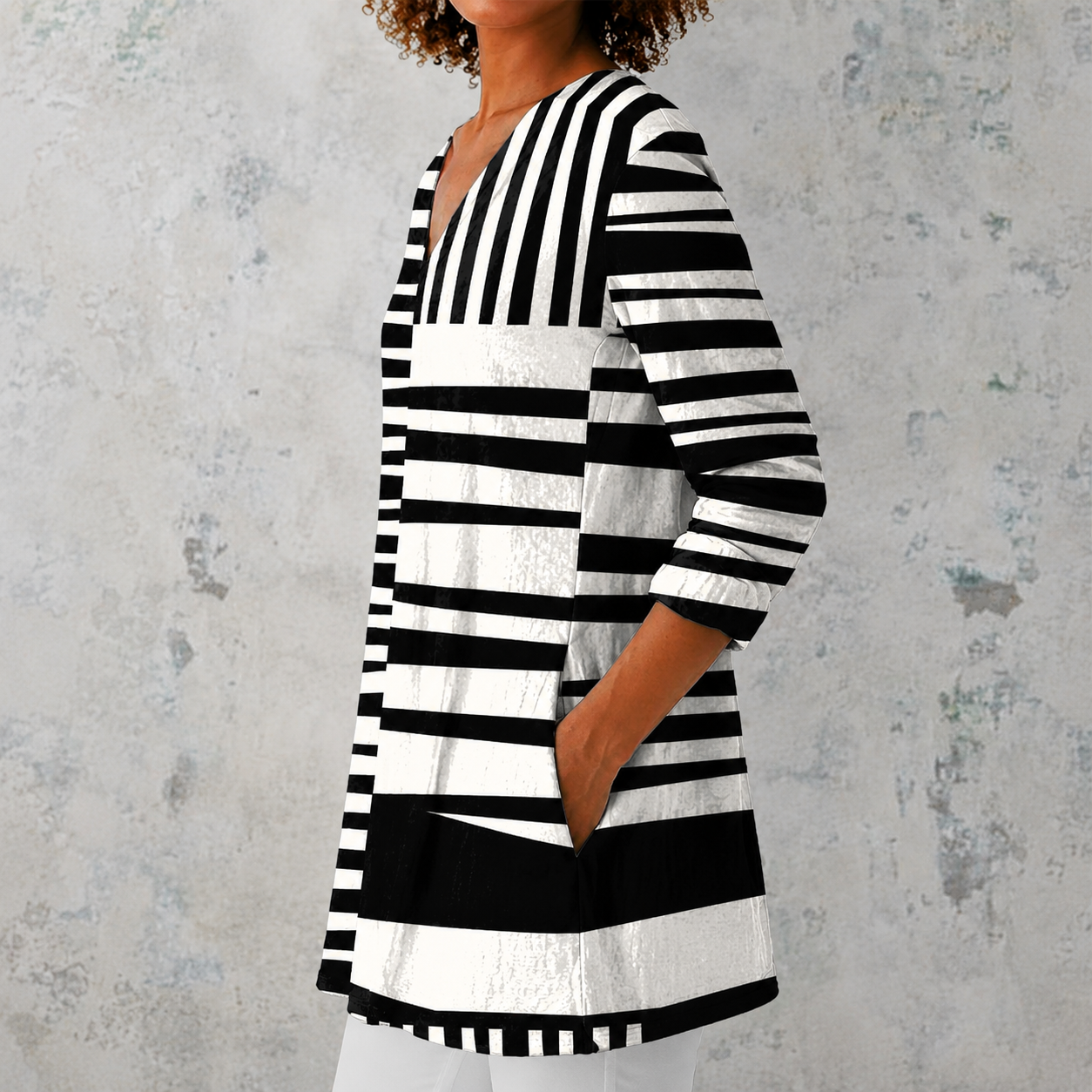 Sophie | Lange Bluse aus Leinen mit grafischem Streifen-Patchwork