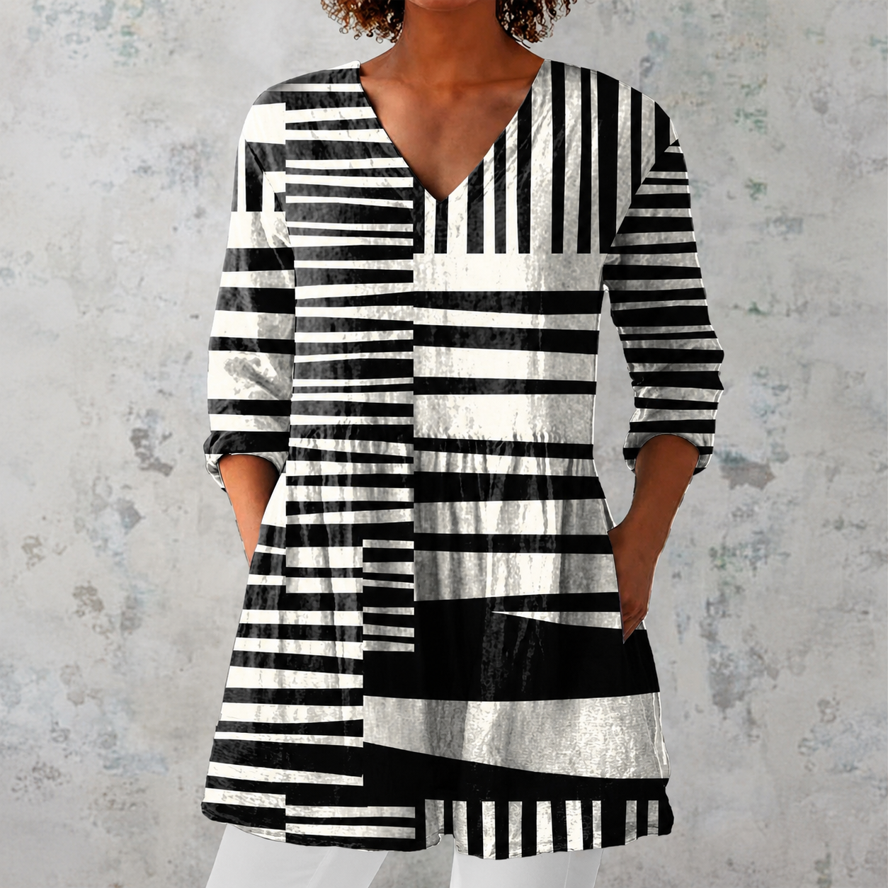 Sophie | Lange Bluse aus Leinen mit grafischem Streifen-Patchwork