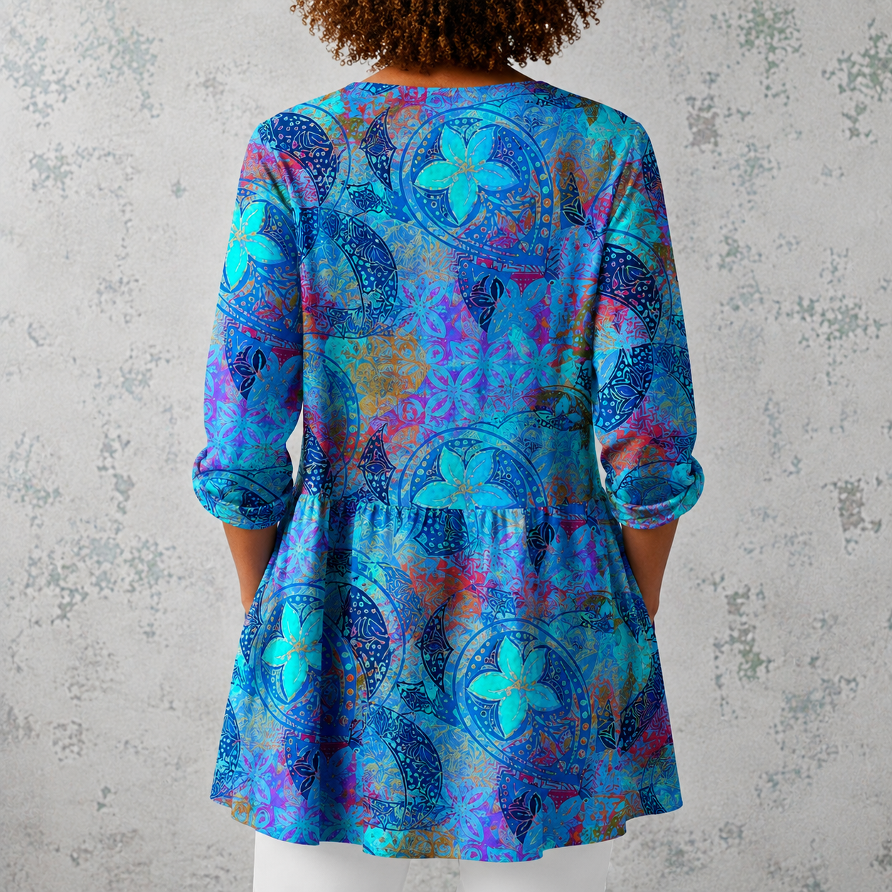 Juliette | Lange Leinenbluse mit bohemian floralem und Mandala-Druck