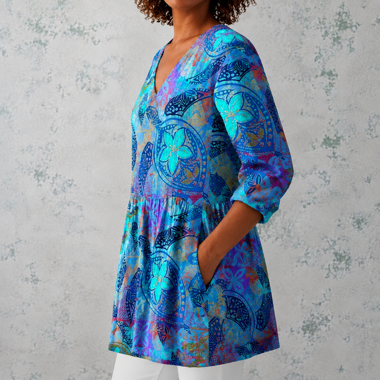 Juliette | Lange Leinenbluse mit bohemian floralem und Mandala-Druck