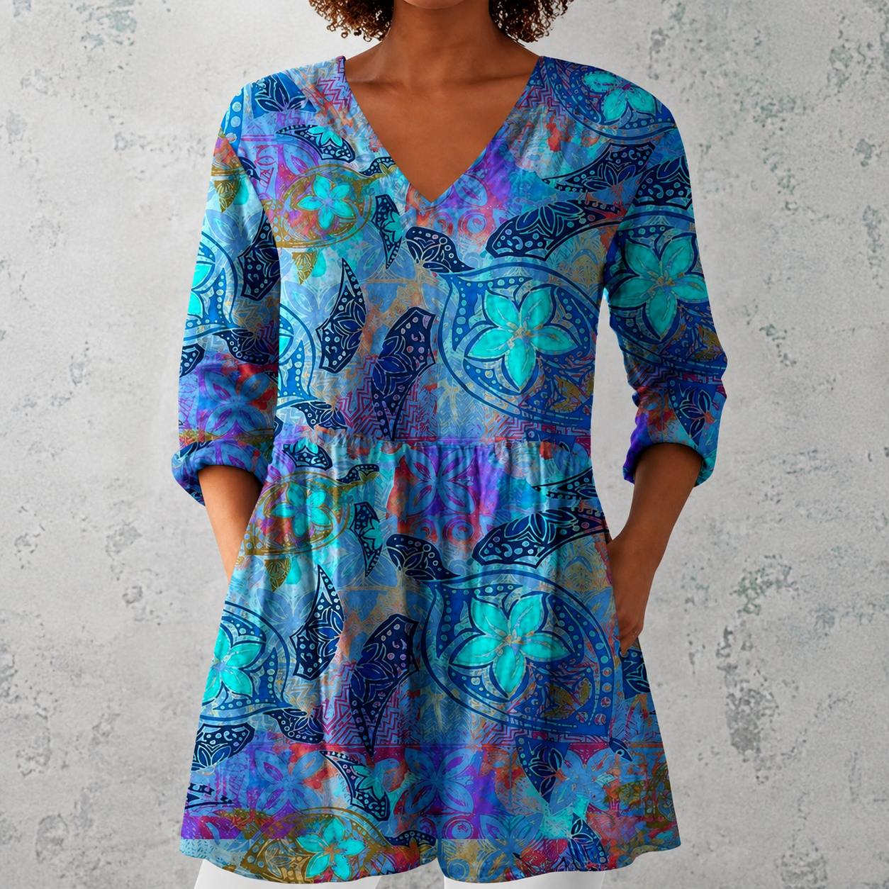 Juliette | Lange Leinenbluse mit bohemian floralem und Mandala-Druck