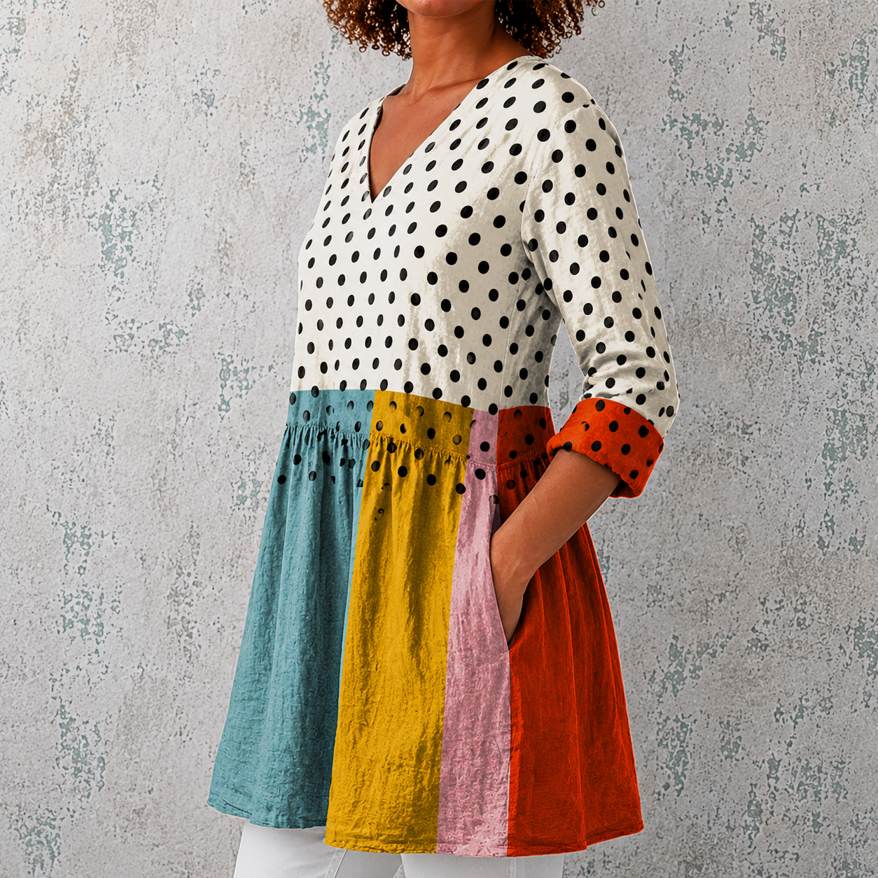 Valérie | Lange Bluse aus Leinen mit Punkten und Color-Block-Einsätzen