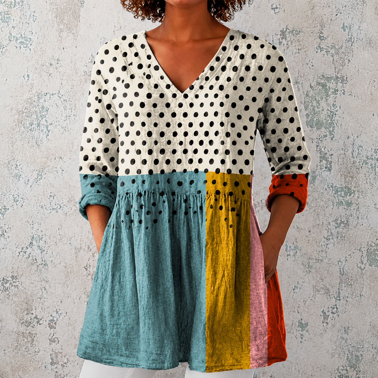 Valérie | Lange Bluse aus Leinen mit Punkten und Color-Block-Einsätzen