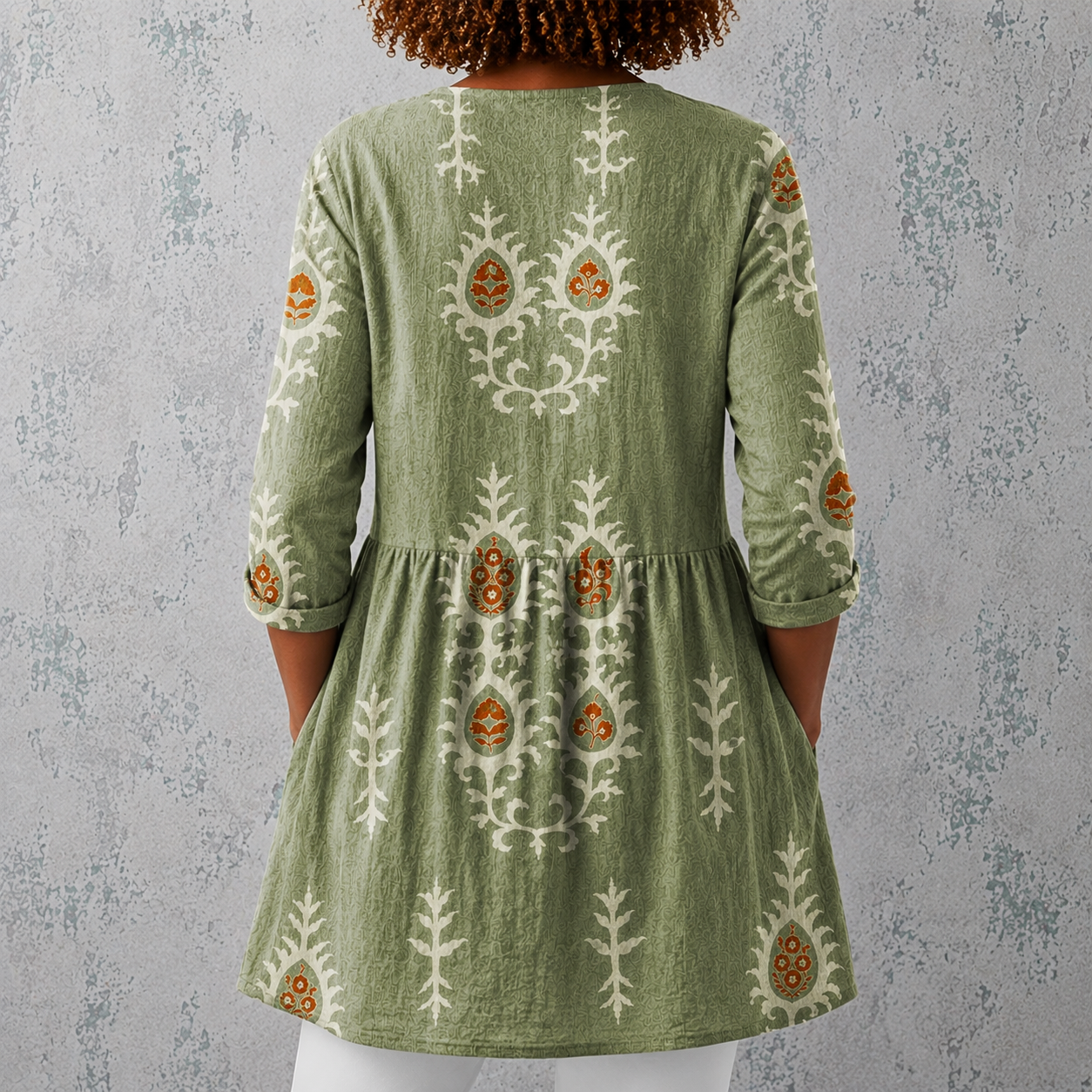 Élise | Lange Leinenbluse mit bohemian floralem Blockdruck