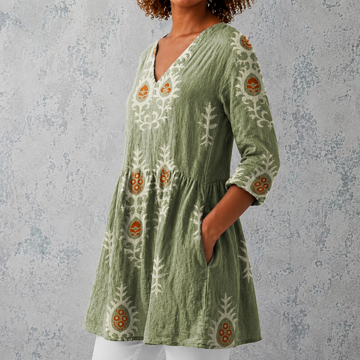 Élise | Lange Leinenbluse mit bohemian floralem Blockdruck