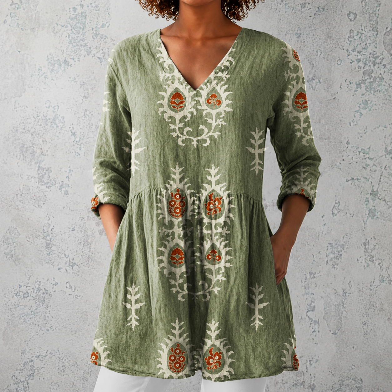 Élise | Lange Leinenbluse mit bohemian floralem Blockdruck