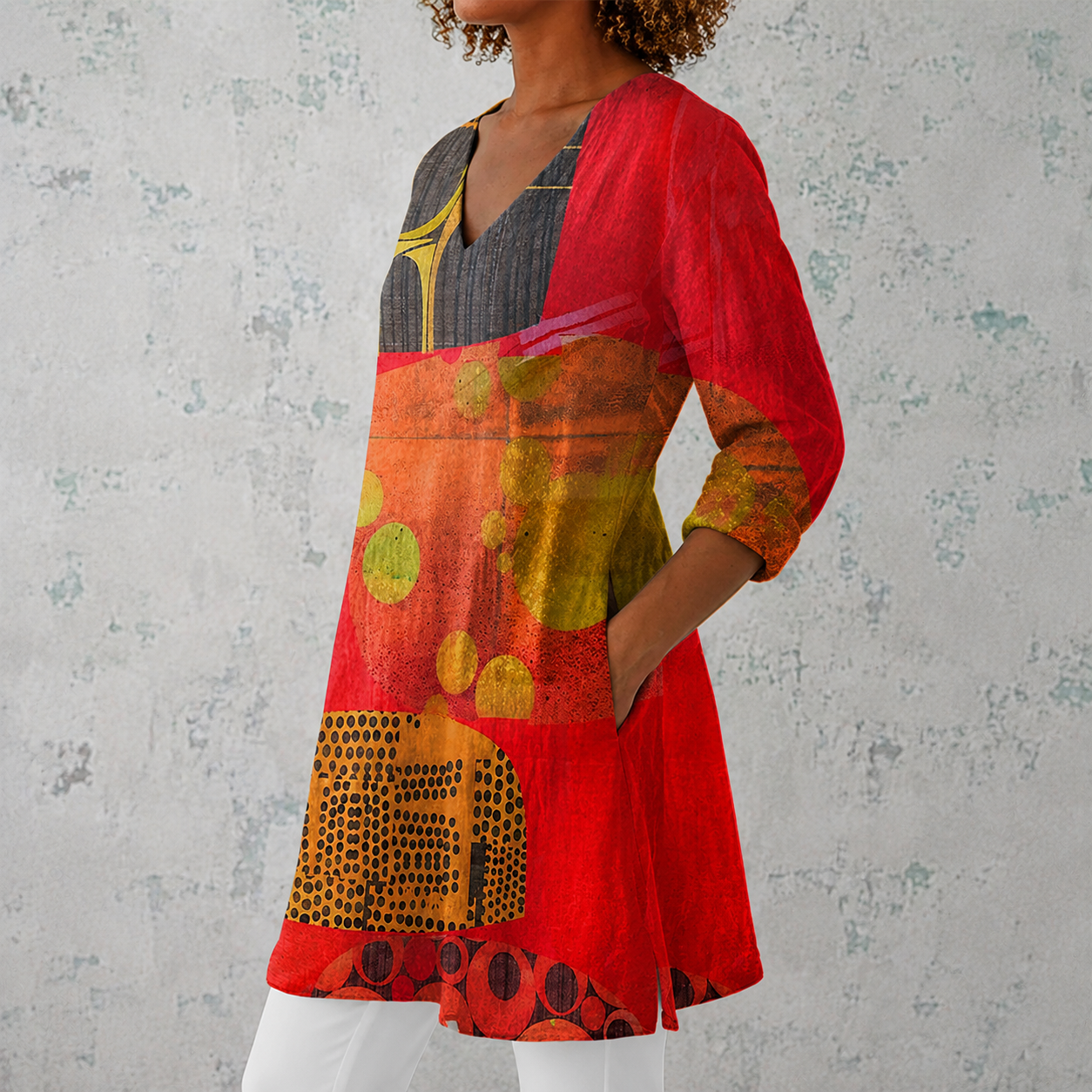 Lucie | Lange Bluse aus Leinen mit abstraktem Kunstdruck