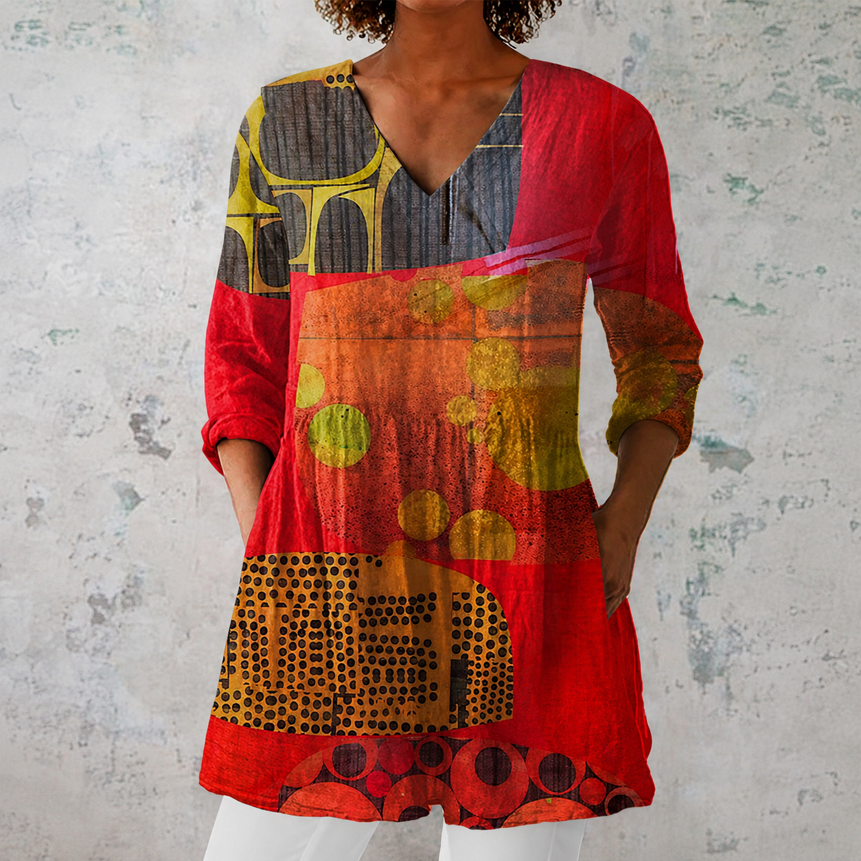 Lucie | Lange Bluse aus Leinen mit abstraktem Kunstdruck
