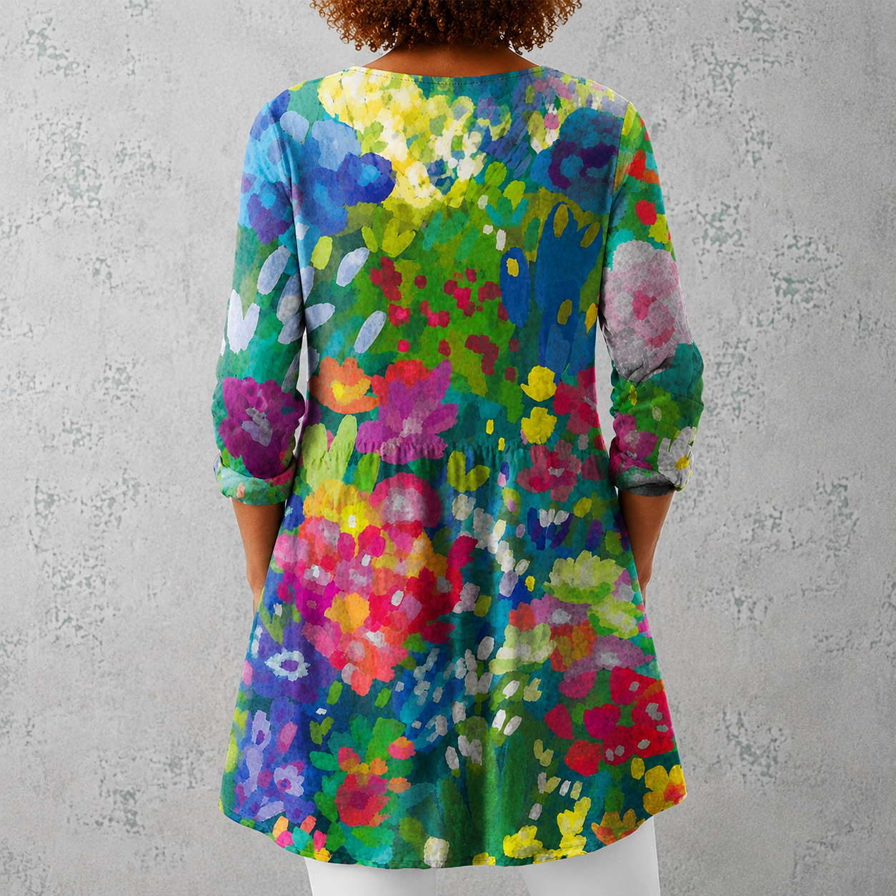 Maëlle | Lange Bluse aus Leinen mit aquarelliertem Blumenmuster