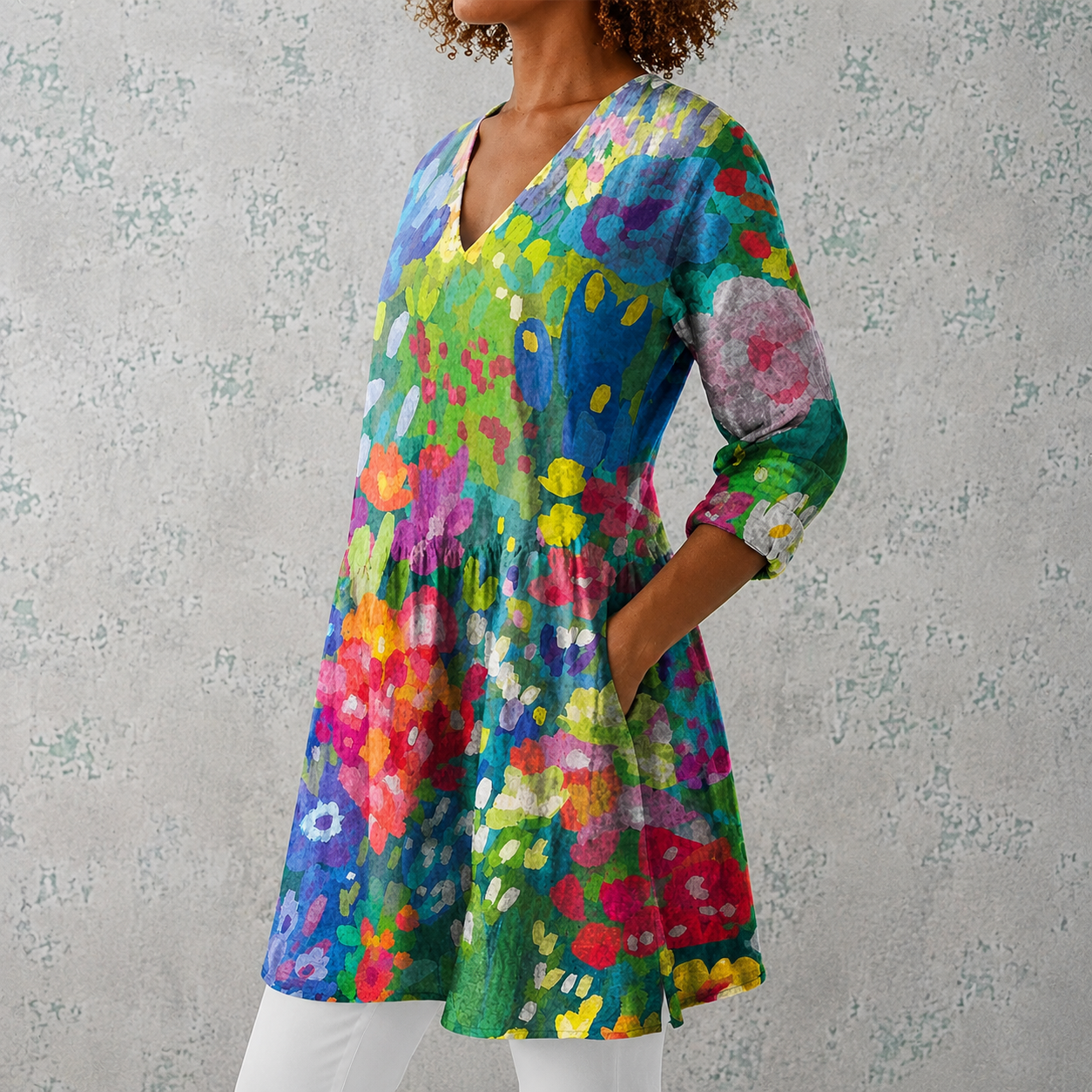 Maëlle | Lange Bluse aus Leinen mit aquarelliertem Blumenmuster