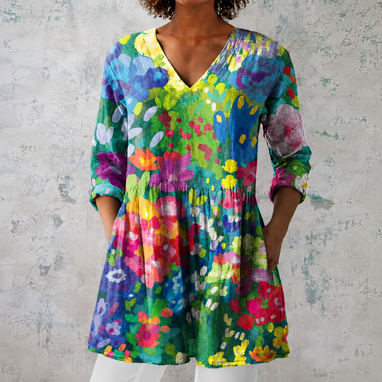 Maëlle | Lange Bluse aus Leinen mit aquarelliertem Blumenmuster
