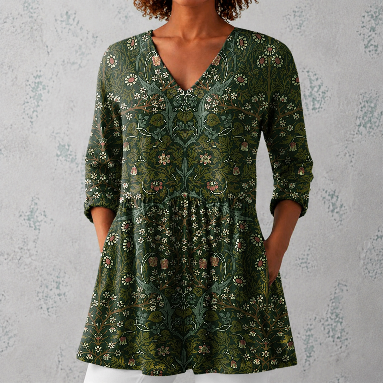 Julie | Lange Bluse aus Leinen mit botanischem Wandteppich-Muster