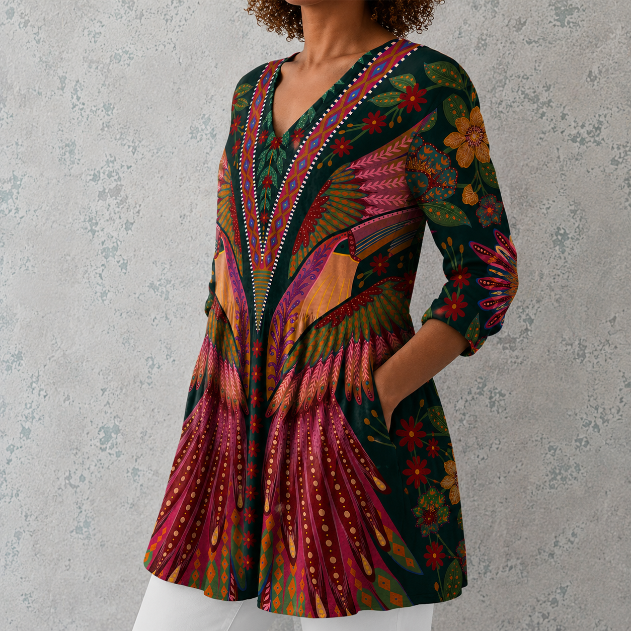 Manon™ | Lange Bluse aus Leinen mit ethnischem Bohème-Druck