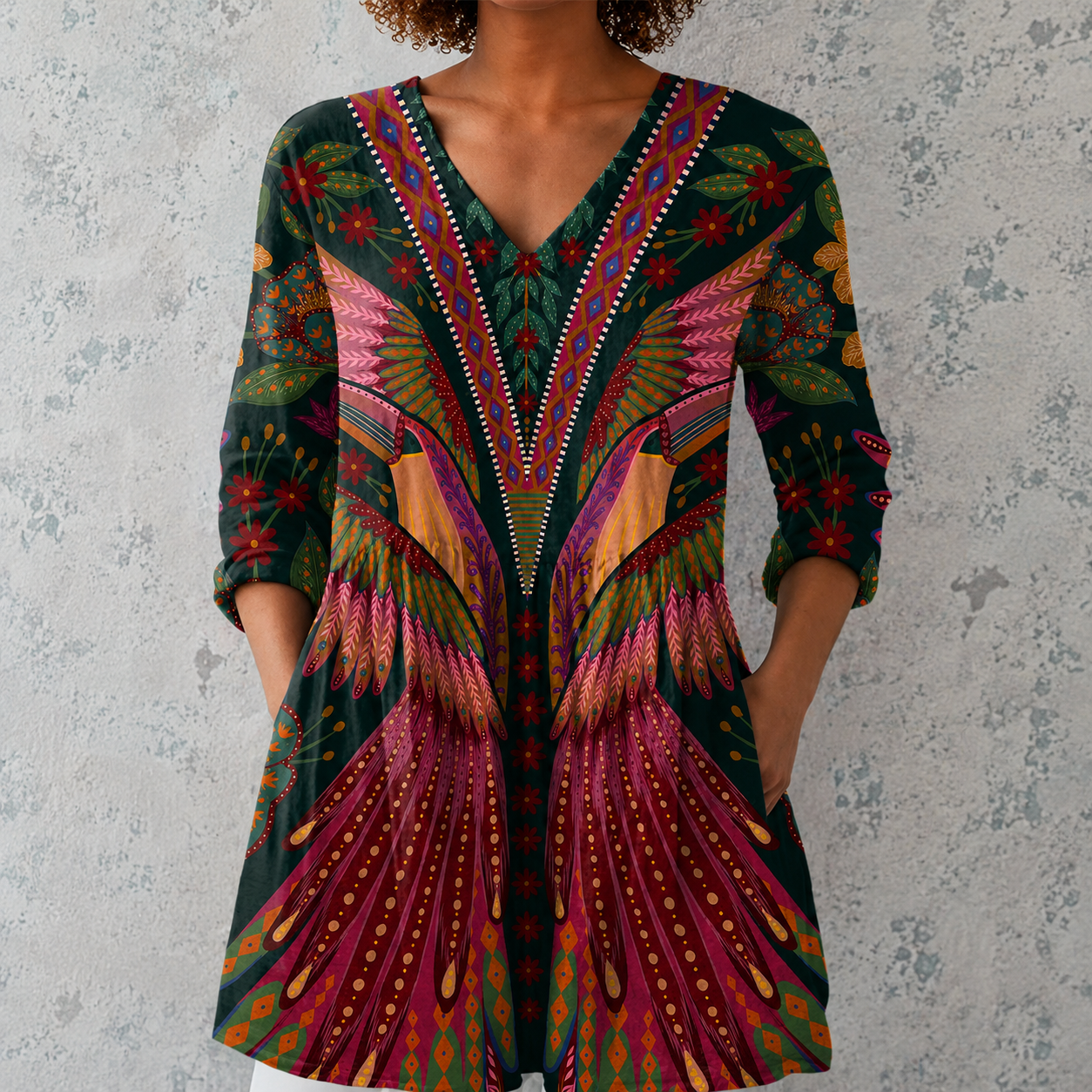 Manon™ | Lange Bluse aus Leinen mit ethnischem Bohème-Druck