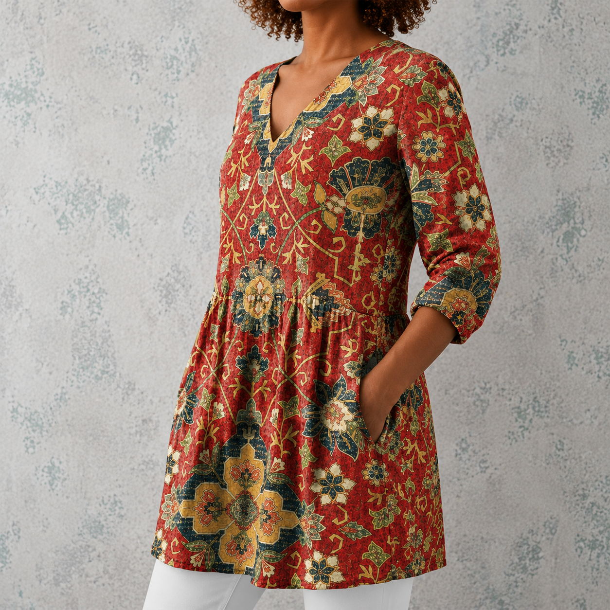 Léa | Lange Bluse aus Leinen mit orientalischem Medaillonmuster