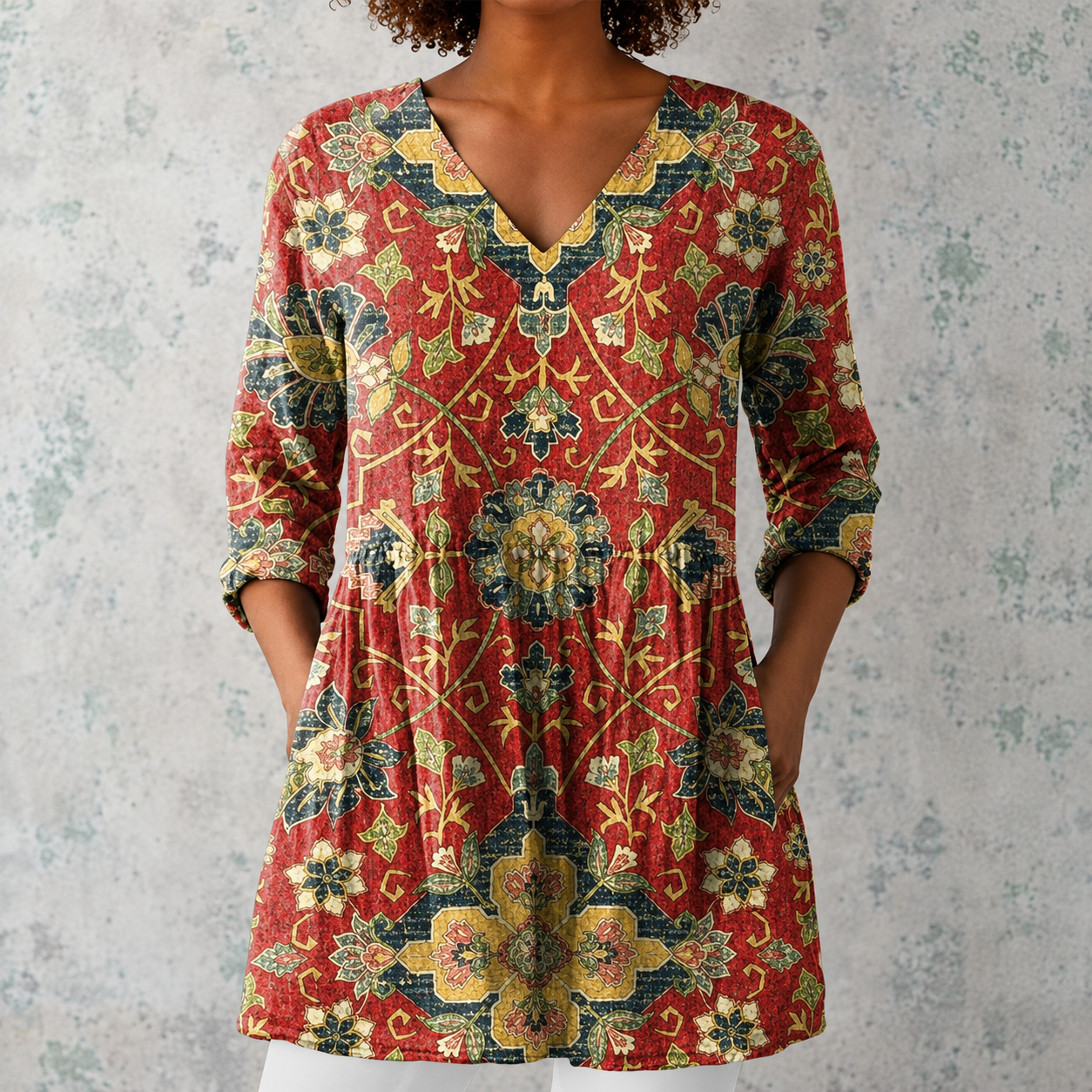 Léa | Lange Bluse aus Leinen mit orientalischem Medaillonmuster