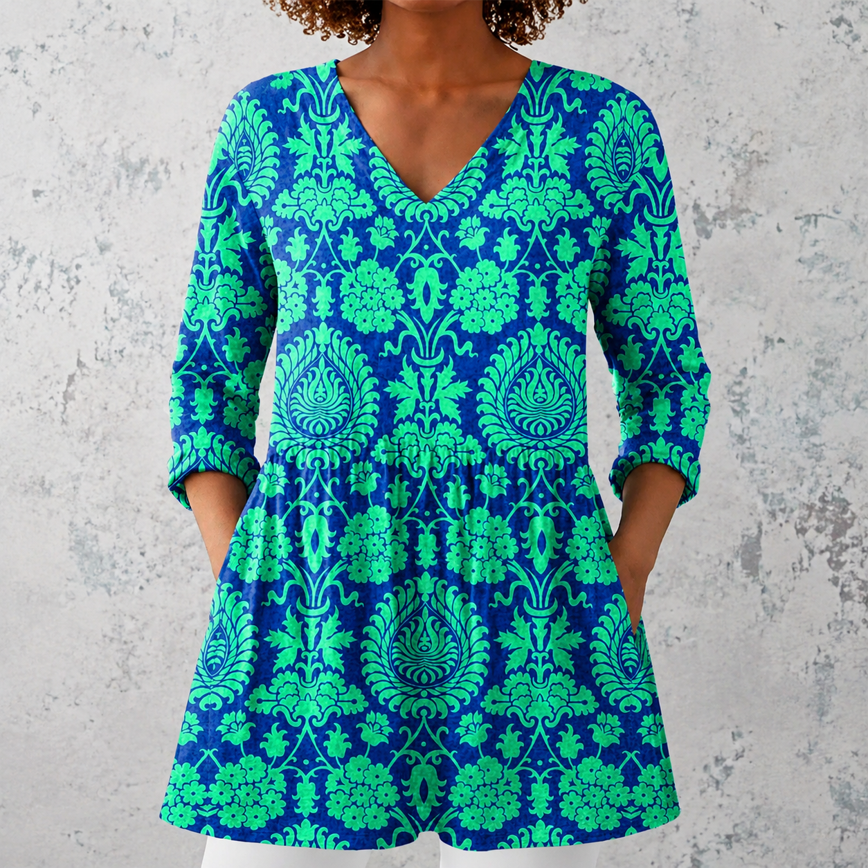 Inès | Lange Bluse aus Leinen mit damastartigem Barockmuster
