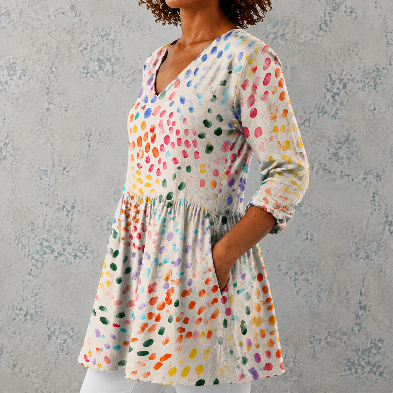 Pauline | Lange Bluse aus Leinen mit bunten Aquarell-Punkten