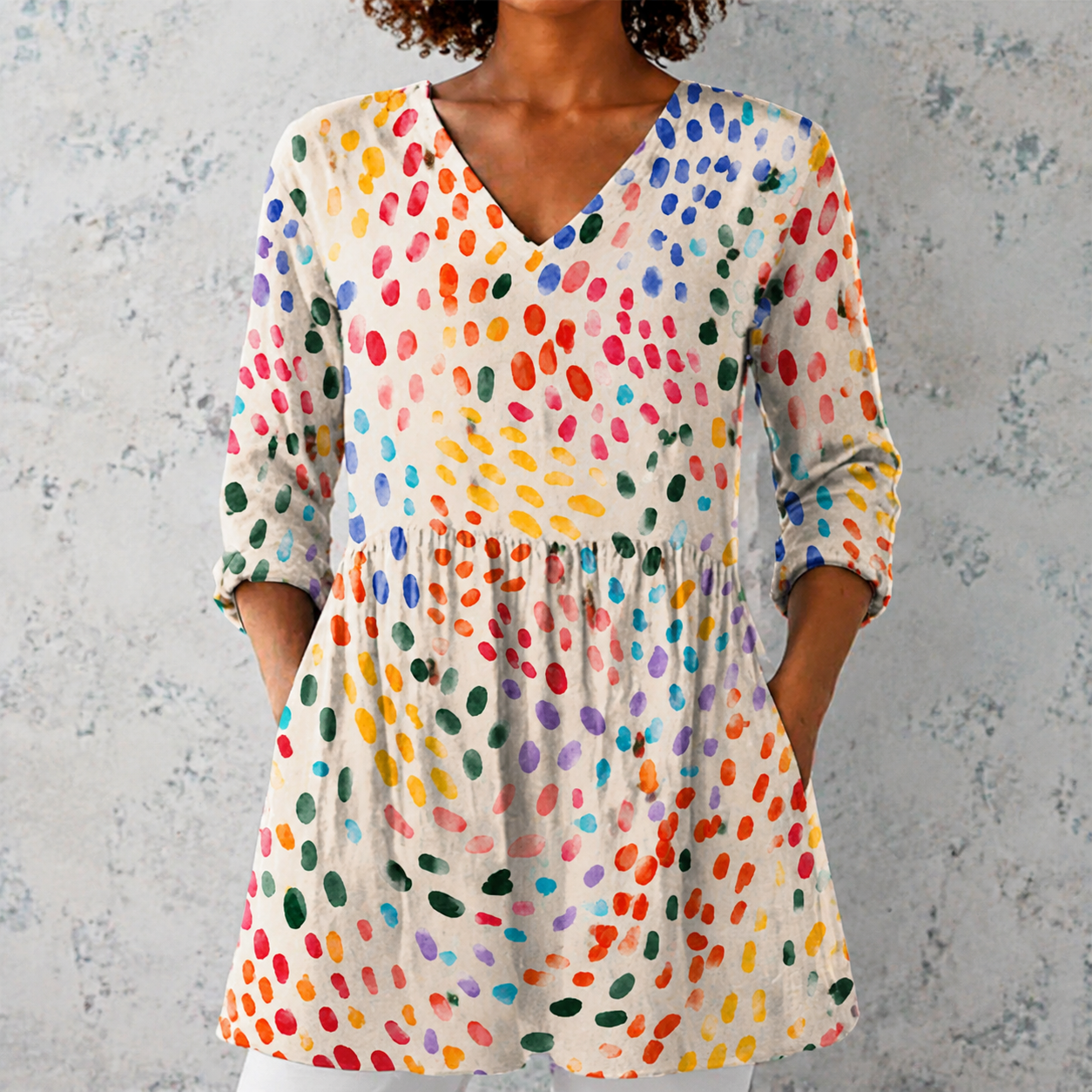 Pauline | Lange Bluse aus Leinen mit bunten Aquarell-Punkten