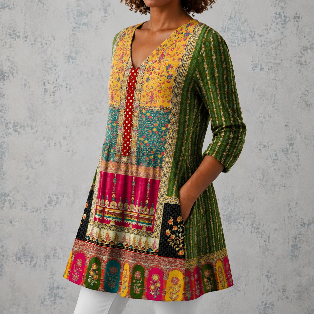 Émilie | Lange Bluse aus Leinen mit bohemian Patchwork-Muster und verzierten Kanten