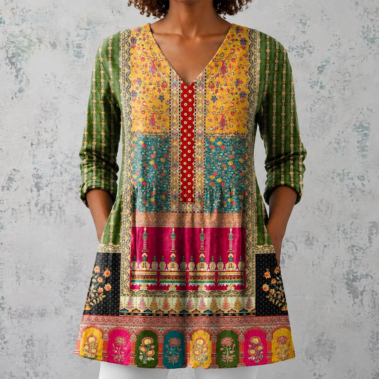 Émilie | Lange Bluse aus Leinen mit bohemian Patchwork-Muster und verzierten Kanten