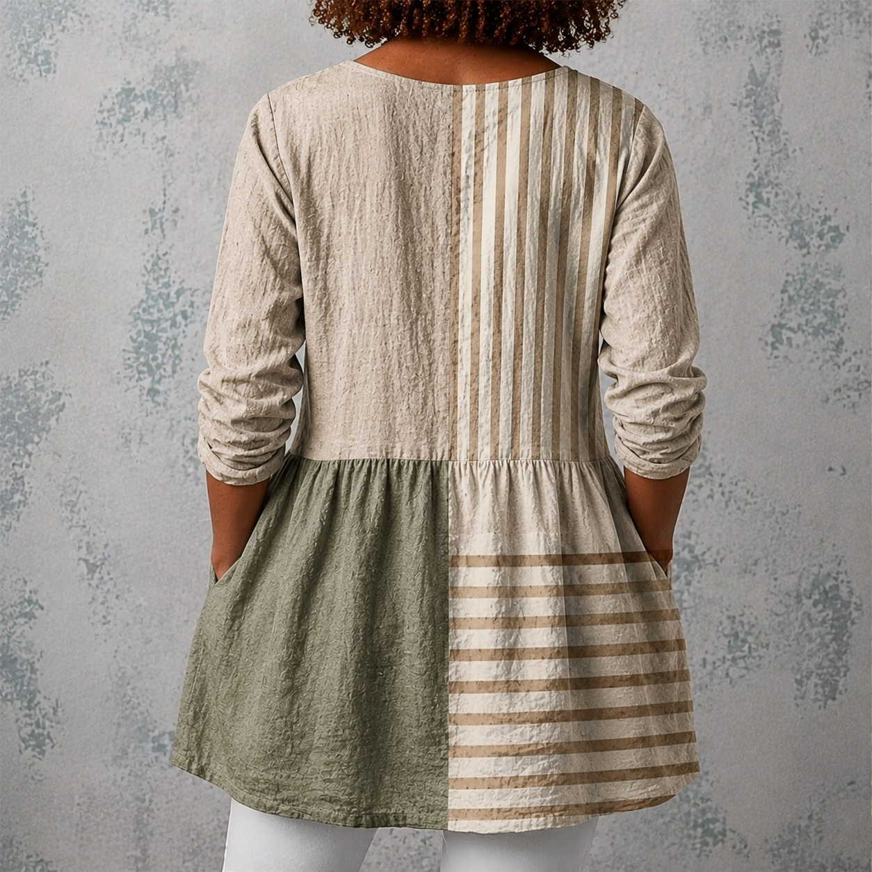 Camille™ | Lange Bluse aus Leinen mit Patchwork aus Streifen und einfarbigen Blöcken