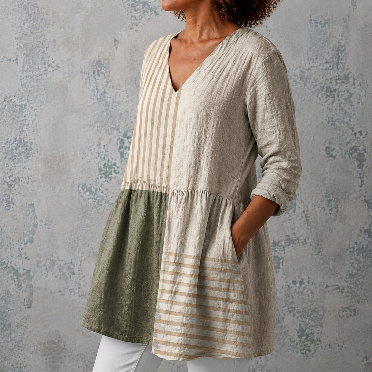 Camille™ | Lange Bluse aus Leinen mit Patchwork aus Streifen und einfarbigen Blöcken