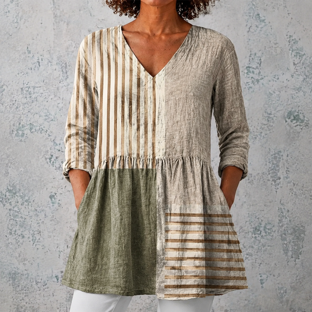 Camille™ | Lange Bluse aus Leinen mit Patchwork aus Streifen und einfarbigen Blöcken