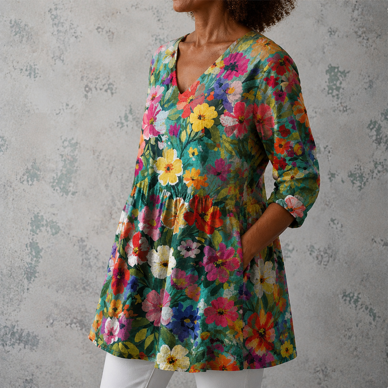 Nora | Lange Bluse aus Leinen mit floralem Gartenmuster