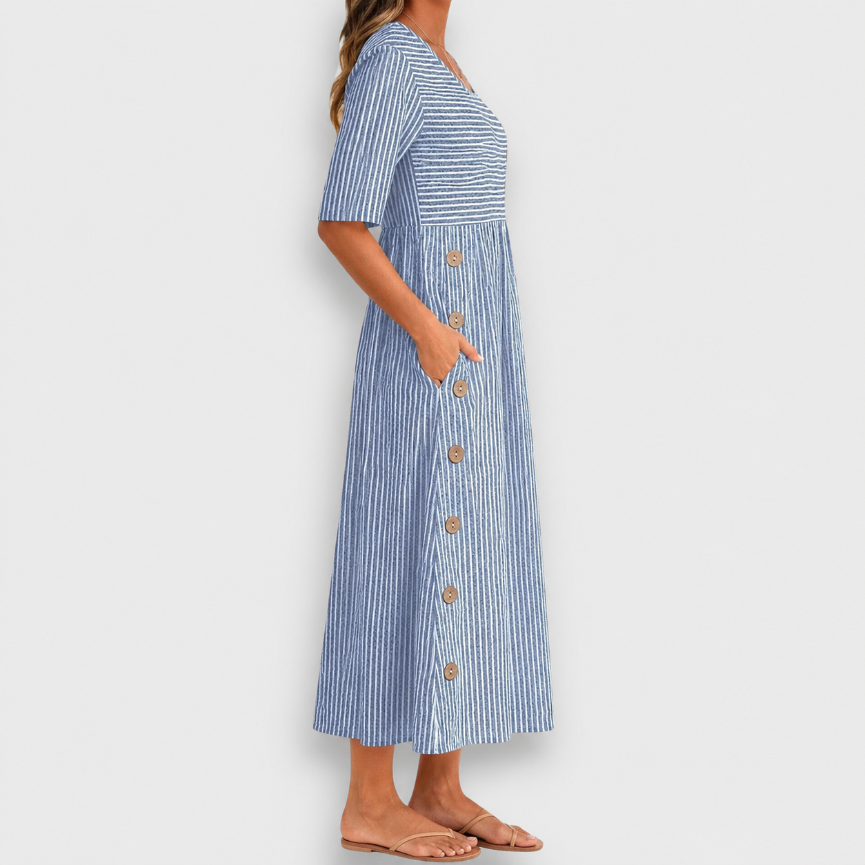Cecily | Gestreiftes Midi-Kleid mit Knopfdetails und Taschen