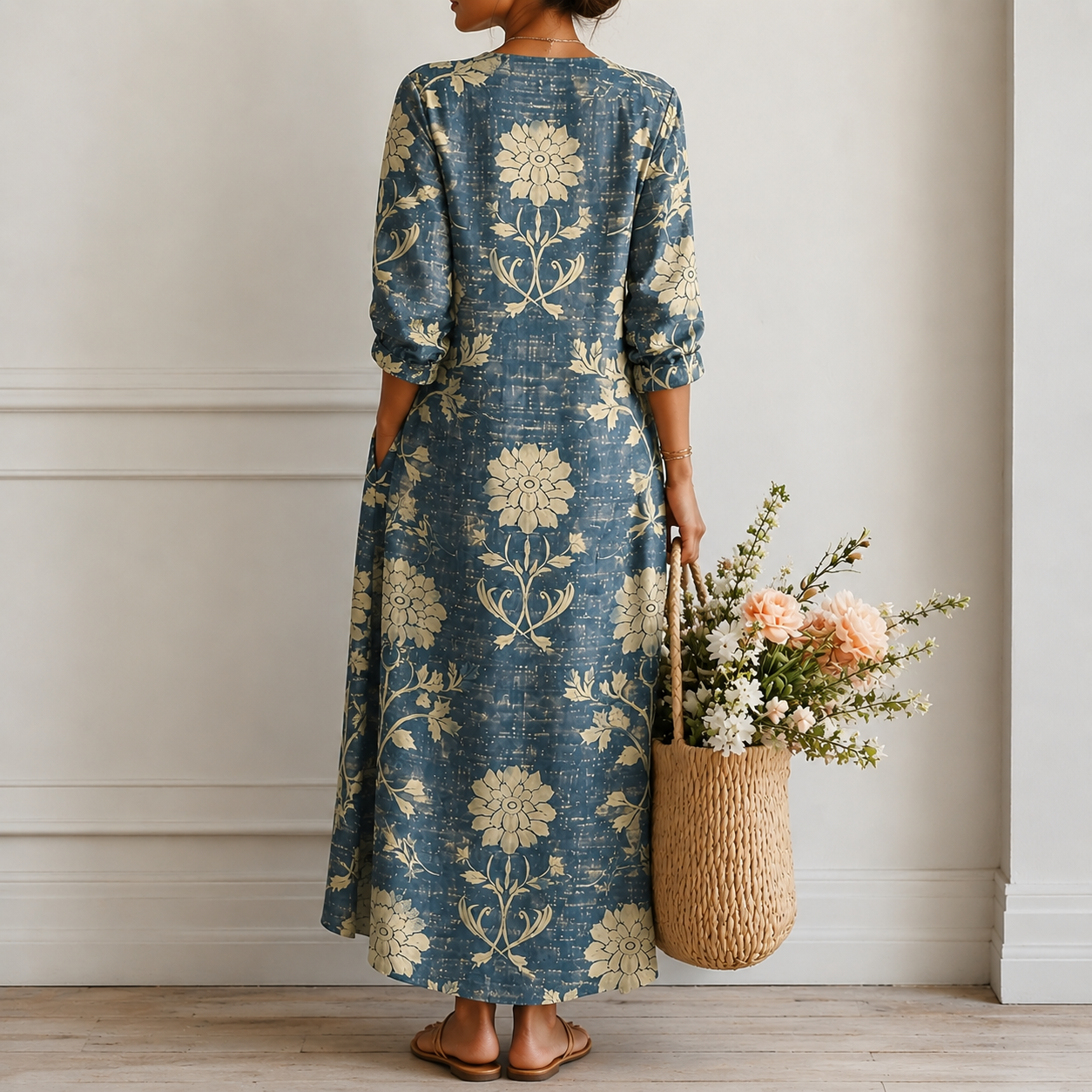 Margrit | Elegantes Boho-Midikleid mit Blumen-Print in Indigo