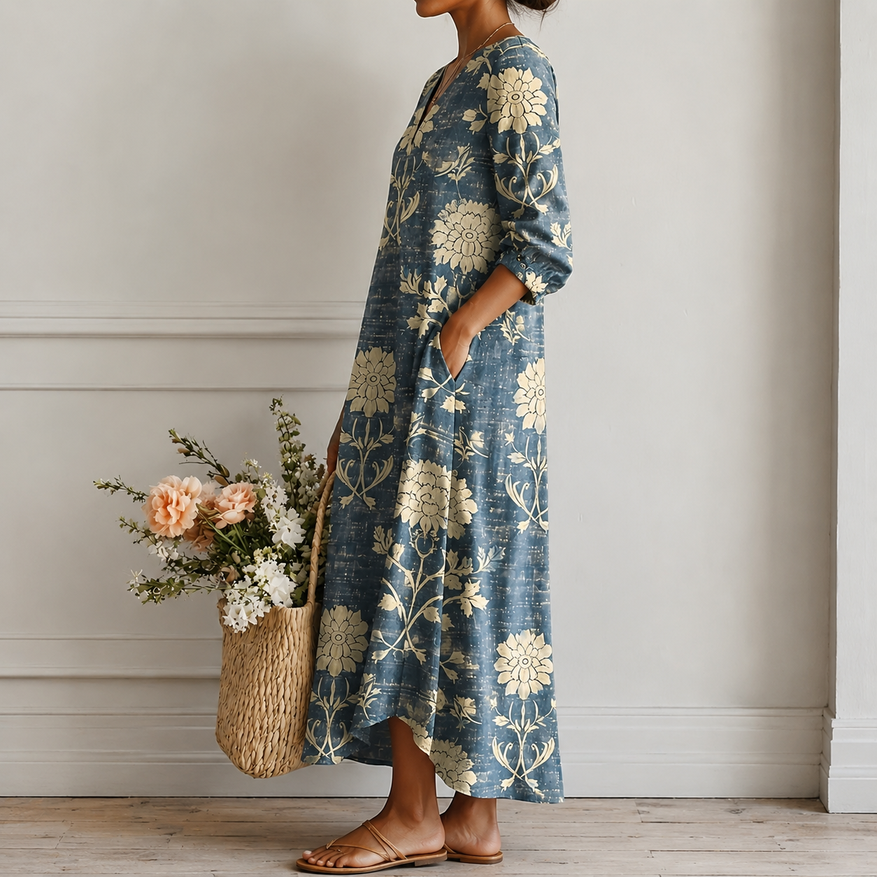 Margrit™ | Elegantes Boho-Midikleid mit Blumen-Print in Indigo