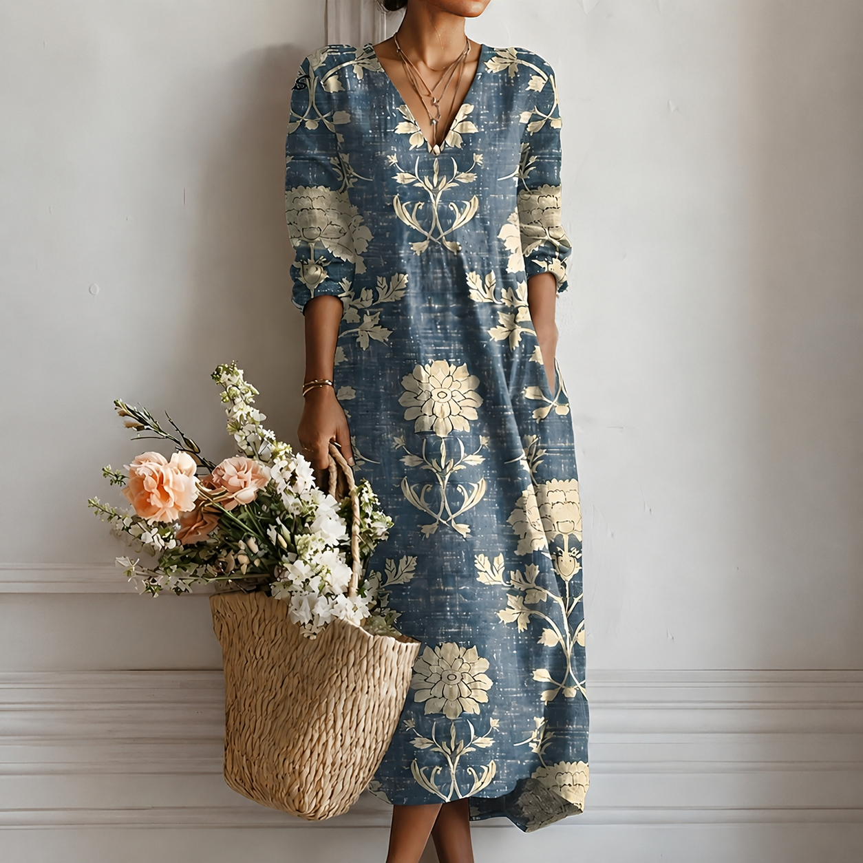 Margrit | Elegantes Boho-Midikleid mit Blumen-Print in Indigo