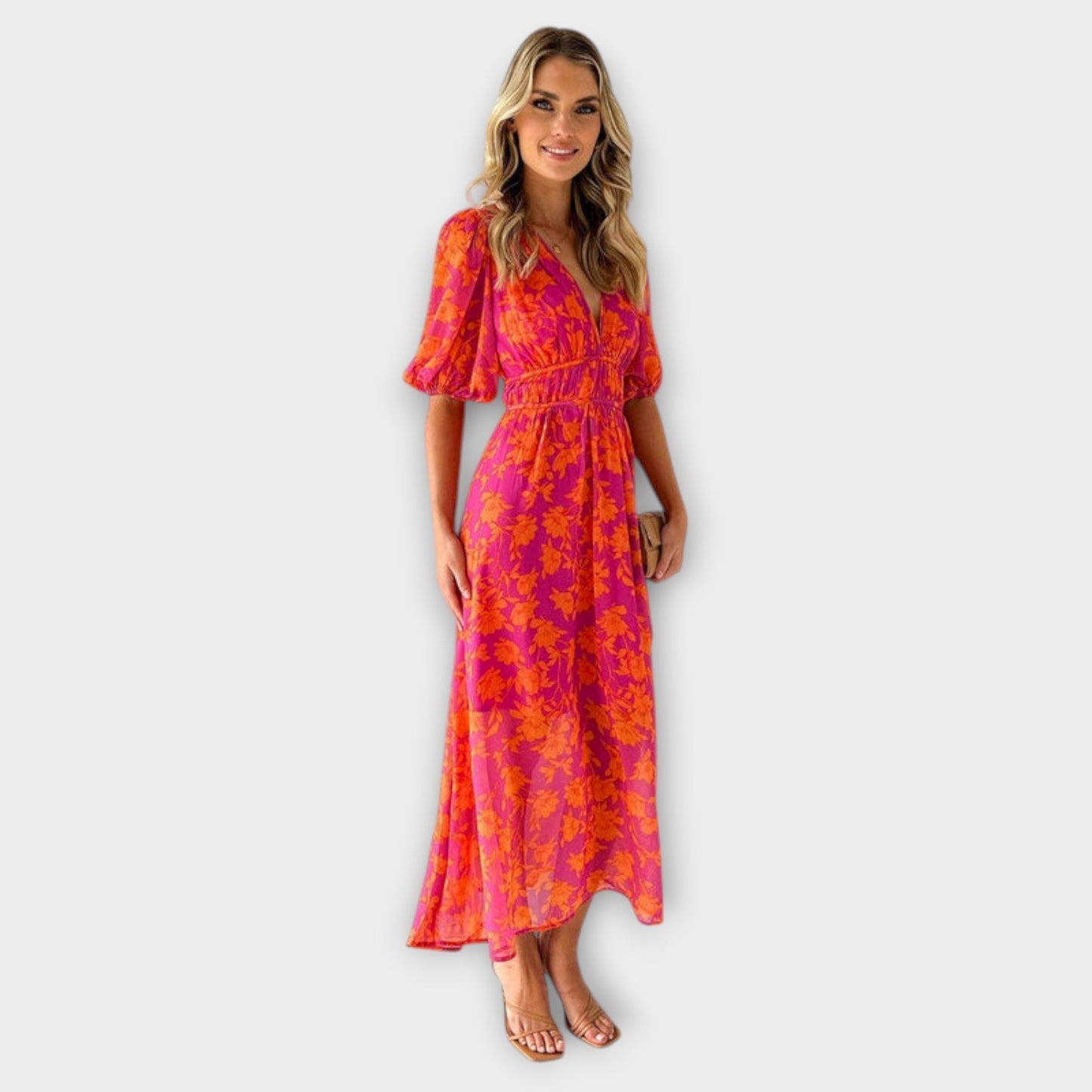 Katty – Midi-Kleid mit V-Ausschnitt, Blumenmuster und Puffärmeln