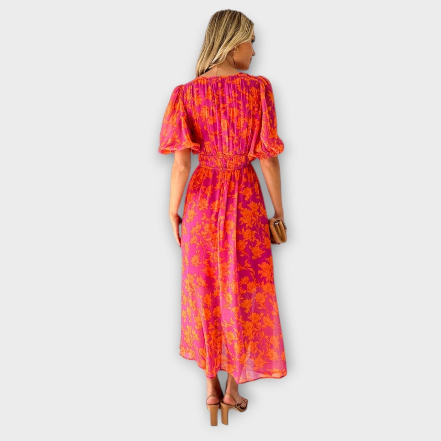 Katty – Midi-Kleid mit V-Ausschnitt, Blumenmuster und Puffärmeln