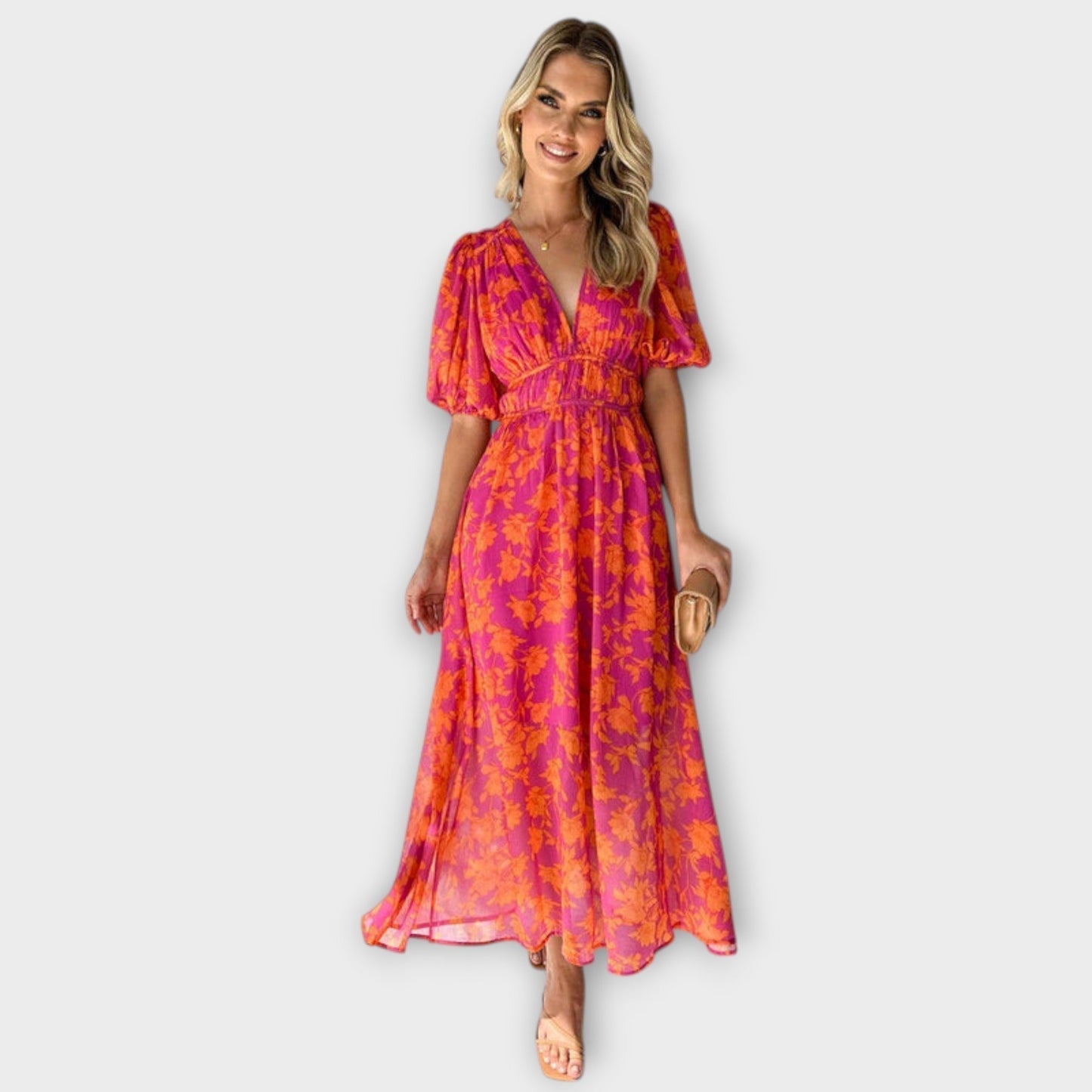 Katty – Midi-Kleid mit V-Ausschnitt, Blumenmuster und Puffärmeln