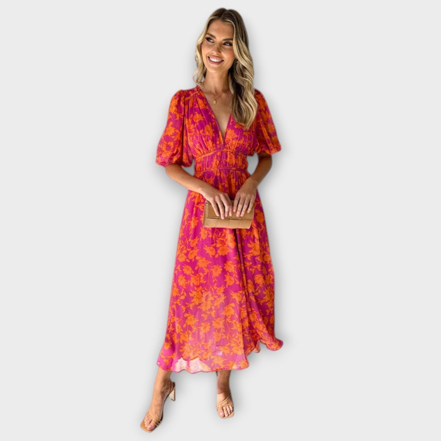 Katty – Midi-Kleid mit V-Ausschnitt, Blumenmuster und Puffärmeln