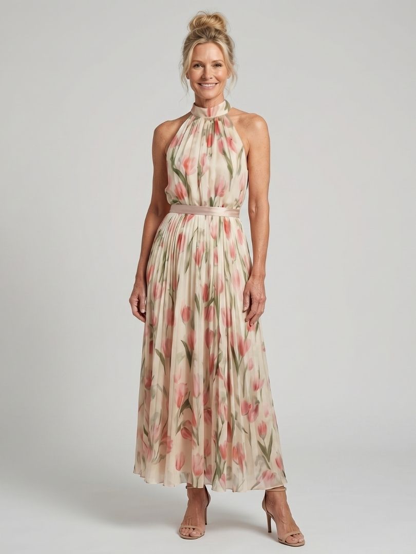 Aurelle | Blumenmuster Midi Kleid mit Haltern