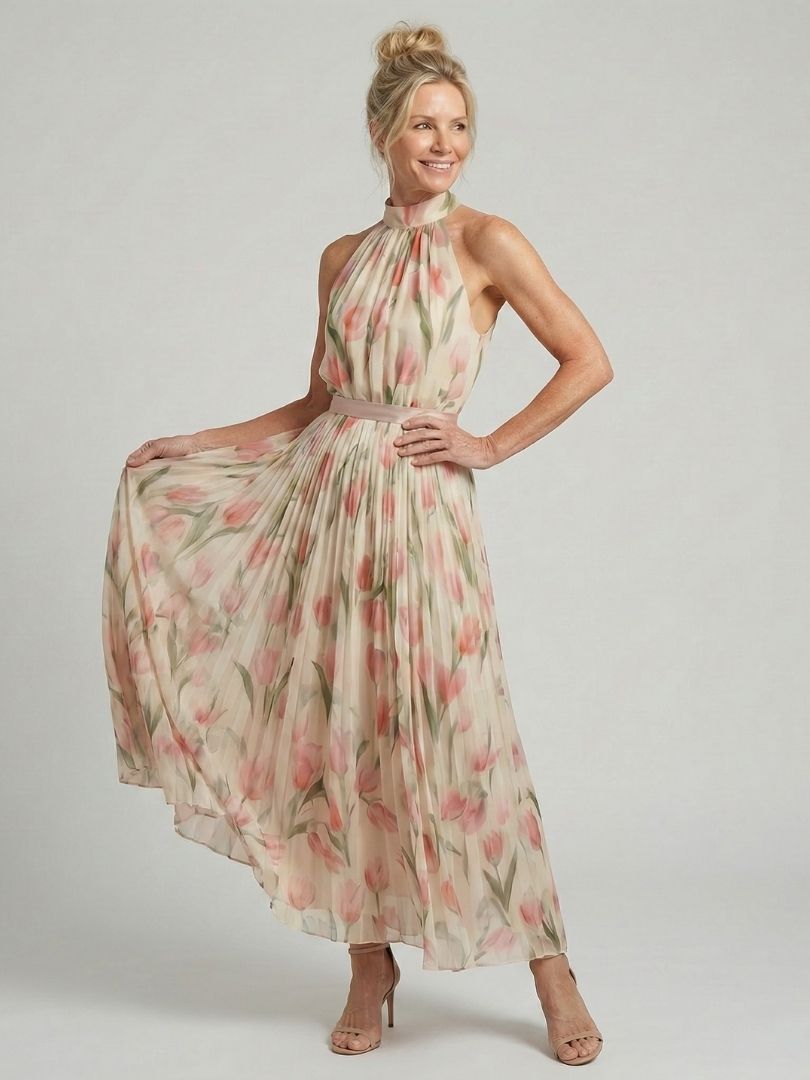 Aurelle | Blumenmuster Midi Kleid mit Haltern