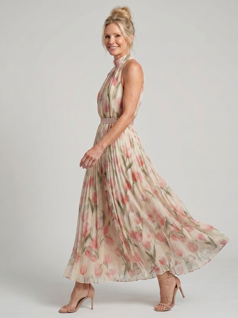 Aurelle | Blumenmuster Midi Kleid mit Haltern